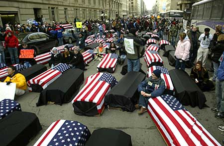 Symbolic coffins used to protest George W. Bush's war in Iraq line a street in Washington D.C. Bush was inaugurated for his second term and paraded down Pennsylvania Avenue later.